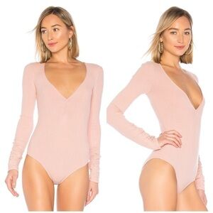 Free People Pink Cozy up with me long sleeves V-neck bodysuit size L=12-14